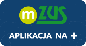 Grafika promująca aplikację mobilną mZUS. Na niebieskim tle widnieje logo składające się z zielonego okręgu z białą, małą literą „m” wewnątrz oraz obok niego zielonego napisu „ZUS” zapisanego wielkimi literami. Pod logo znajduje się biały napis „APLIKACJA NA +”. Kompozycja jest prosta, o wysokim kontraście między tekstem a tłem, co ułatwia czytanie. Wszystkie elementy są wyśrodkowane i dobrze widoczne.