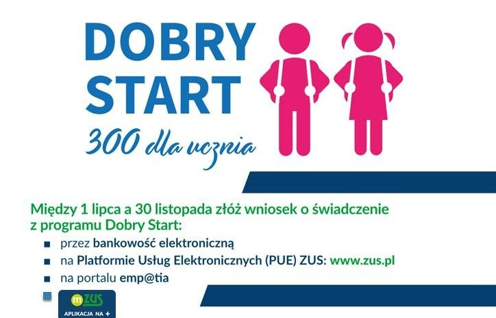 Ilustrowany plakat promujący program „Dobry Start”. Na pierwszym planie znajdują się uśmiechnięte dzieci: chłopiec i dziewczynka, ubrane w kolorowe ubrania — chłopiec ma okulary i niebieską koszulkę, dziewczynka ma bluzkę z żółtym motywem. Tło jest jasne, z kolorowymi akcentami graficznymi. W centralnej części umieszczono duży napis informujący o świadczeniu 300 zł na wyprawkę szkolną. Poniżej znajdują się daty przyjmowania wniosków: od 1 lipca do 30 listopada. Wskazano również dostępne kanały składania wniosków: bankowość elektroniczna, portal PUE ZUS oraz platforma emp@tia. Na dole znajduje się logo ZUS i informacja o aplikacji mobilnej instytucji. Tekst jest wyraźny, kontrastowy, a układ elementów czytelny.